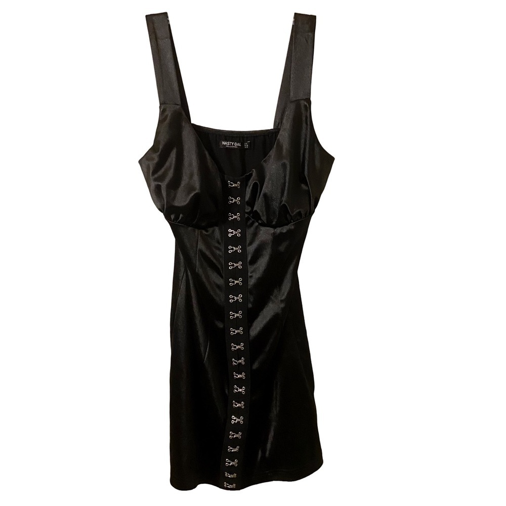 NASTY GAL Black Satin Ruched Bustier Hook And Eye Dress Size 6. - Picture 2 of 6
